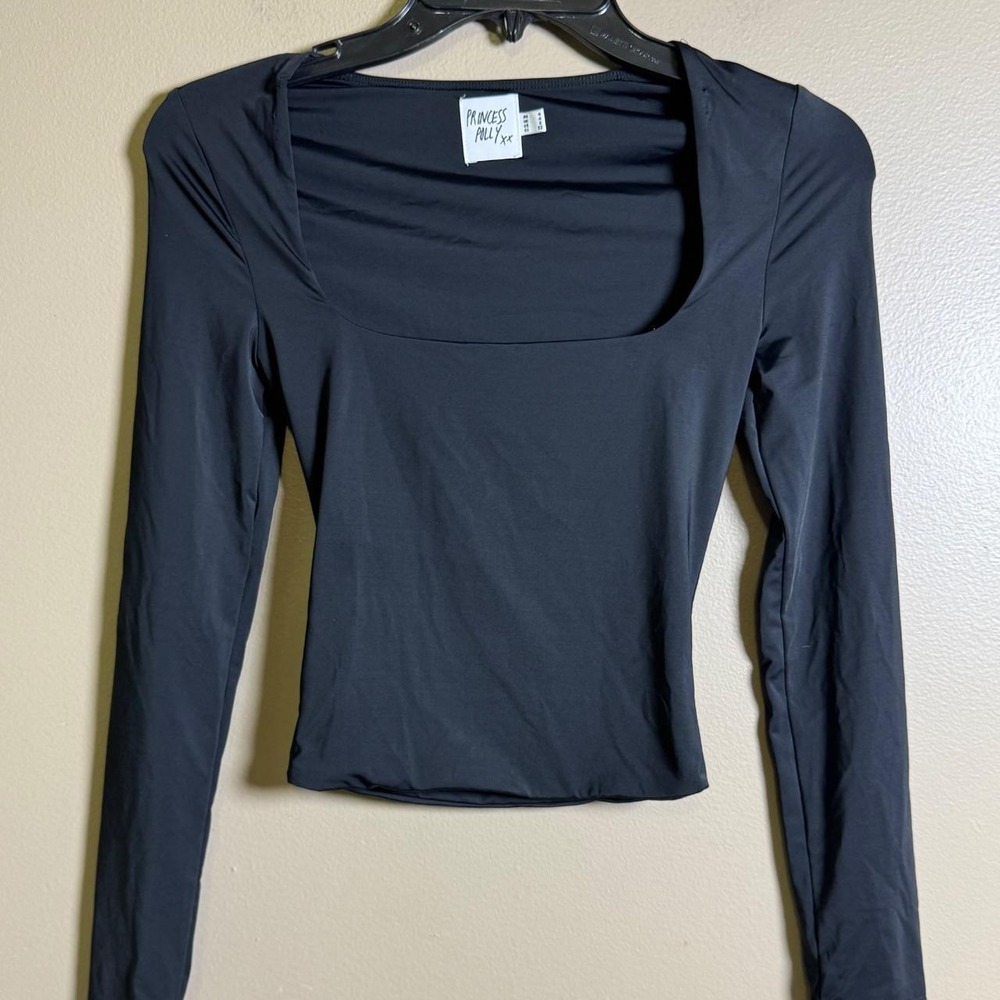 Princess Polly Womens Square Neck Long Sleeve Top Black Slinky Stretchy Size 4